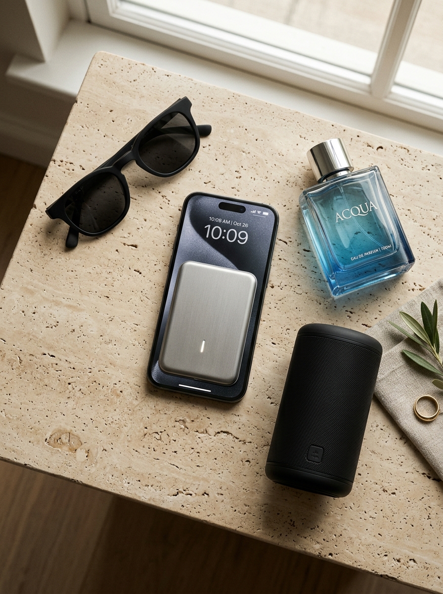 Equipamiento portátil diario: Batería Anker MagSafe, audio y fragancia Nautica